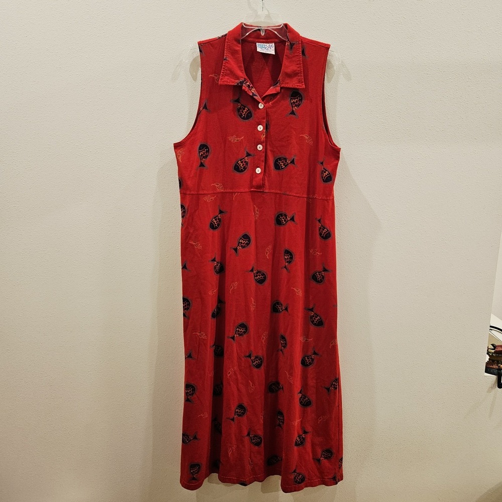 Zip Code Brand Dress Maxi Red Fish Shells Hawaii Print Cotton Vintage Y2K 90s XL